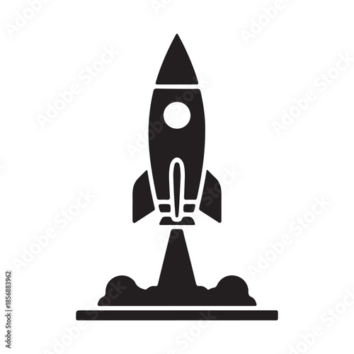 Black and white rocket launching from platform isolated on transparent background