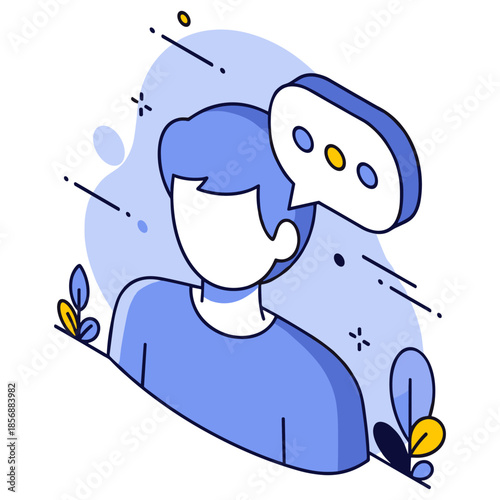 Simplistic illustration of caucasian male with speech bubble in blue tones