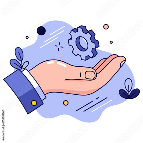 Male hand offering support with gear cog for technical solutions and innovation