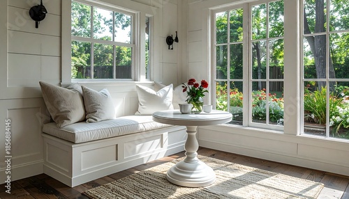 Cozy White Sunroom with Window Seat and Flowers.
