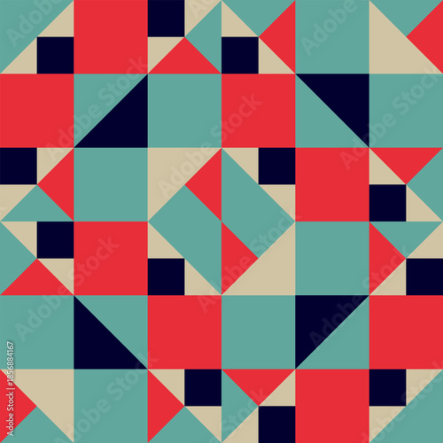Abstract Geometric Mosaic Seamless Pattern. Retro Bauhaus Style Background. Mid-Century Modern Geometric Tile Ornament. Colorful Mosaic Background.