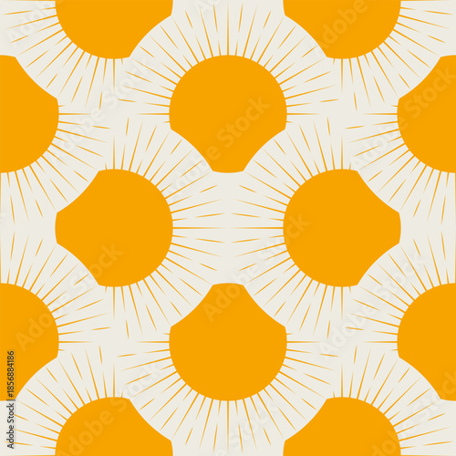 Abstract Orange Sunburst Seamless Pattern. Minimalist Bohemian Sun Ornament. Mid-Century Modern Wallpaper. Retro 70s Style Background.