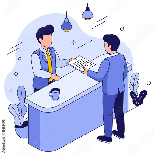 Business interaction: two caucasian males discussing document at office reception desk
