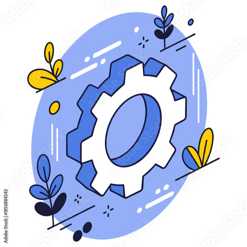 Colorful gearwheel with decorative foliage on abstract background