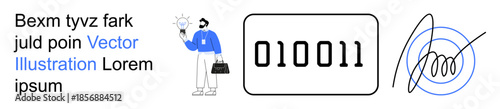 Innovation, authentication, digitalization, programming, business development, and creativity. A man holding a light bulb, binary code and a digital signature. Innovation and authentication
