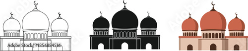 Islamic Mosque Dome in Three styles vector set line art, silhouette and color version For Ramadan, Eid and Islamic design