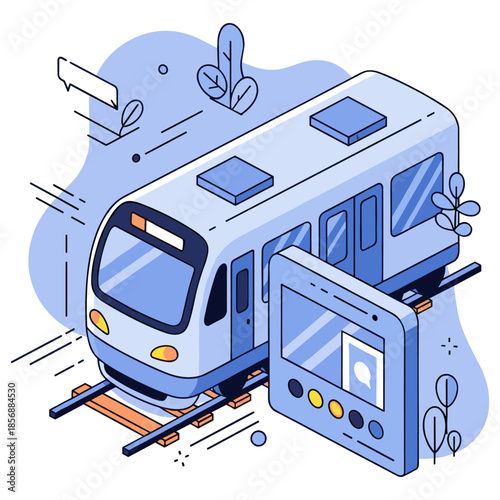 Futuristic cartoon train with ticket machine and decorative elements