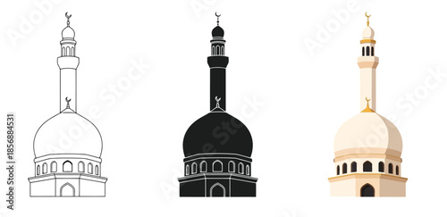 Islamic Mosque Dome in Three styles vector set line art, silhouette and color version For Ramadan, Eid and Islamic design