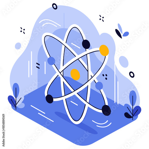 Abstract atomic structure design with orbiting electrons and geometric shapes