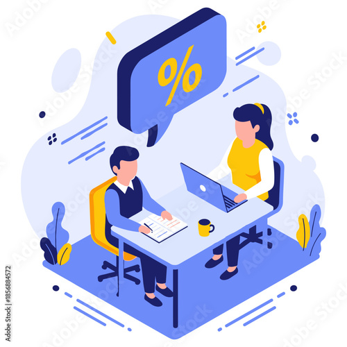 Illustrated office scene with two young adults working at desk with laptop and notes