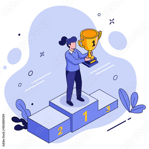 Female champion holding trophy on winner's podium cartoon illustration