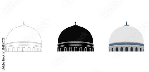 Islamic Mosque Dome in Three styles vector set line art, silhouette and color version For Ramadan, Eid and Islamic design