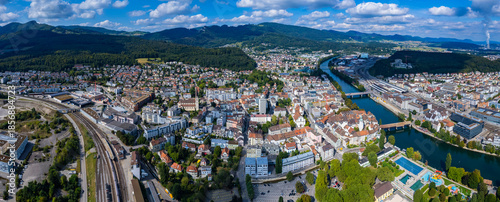 Aerial view of the city Olten in Switzerland on a sunny morning day in summer