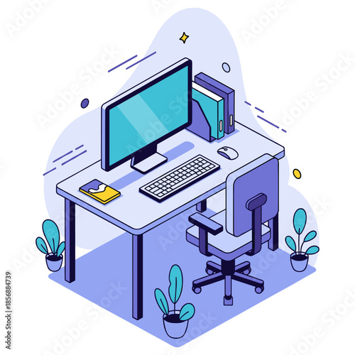 Modern office workspace with computer, desk chair, and potted plants