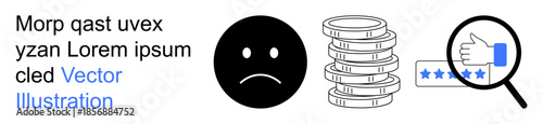 Consumer behavior, financial loss, customer feedback, business evaluation, online reviews, quality control. Sad face, coin stack magnifying glass over a thumbs-down rating. Financial loss
