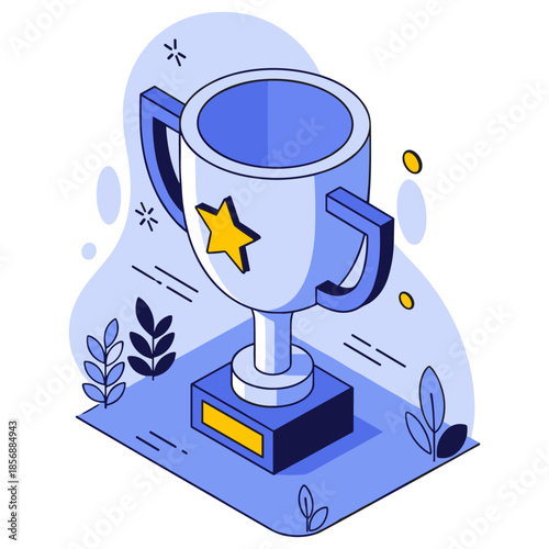 Vector illustration of a blue trophy with star emblem on pedestal