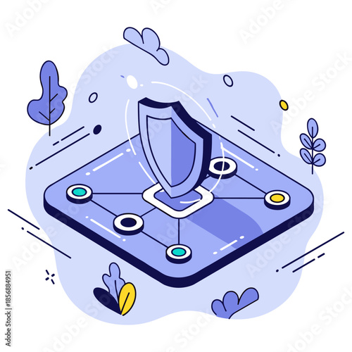 Abstract digital security network with shield icon and connective nodes
