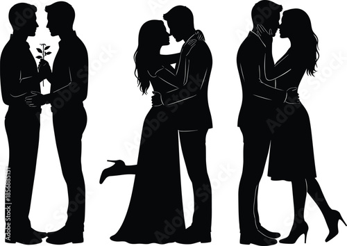 Set of romantic couple silhouettes, gay and heterosexual lovers kissing, hugging, holding flower, wedding love concept, cad drawing flat vector illustration