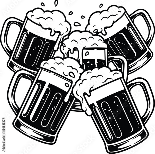 Toasting Beer Mugs Silhouette Vector Illustration for Festive Celebration and Party Design