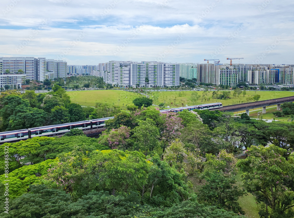 Fototapeta premium A train passed by the Sun Plaza Park, Tampines heartland district during bloom season - Singapore.