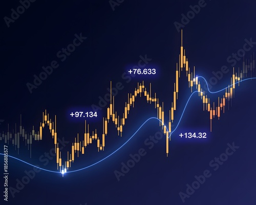 Dynamic financial market chart with golden candlestick bars and blue trend line indicating trading gains