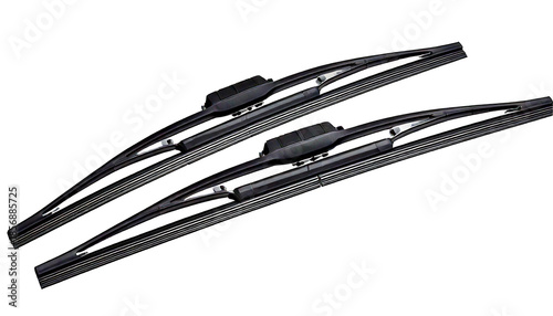 Two dark grey car windshield wiper blades, with angled diagonally on a, isolated on a transp 