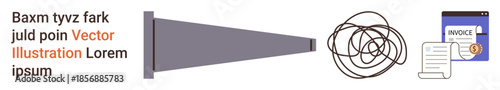 Information sorting, data management, automation, workflow processes, organization, productivity. Visual funnel directing chaotic scribbles to orderly documents and invoices. Data management