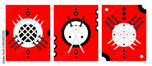 A striking triptych of crossed Japanese katana blades evokes the disciplined spirit of the samurai in a bold minimalist red and white poster design.
