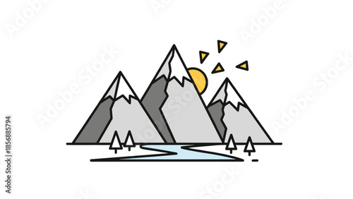 Minimalist Mountain Landscape Vector: Scenic Peaks, Sunshine, and Serenity - Stylized Outdoor Adventure Illustration, Isolated on transparent background.