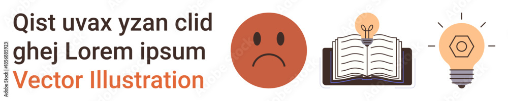 Fototapeta premium Education, emotions, ideas, knowledge sharing, learning concepts, creativity. Sad face, open book with light bulb and hexagonal light bulb icon. Knowledge sharing and emotions concept