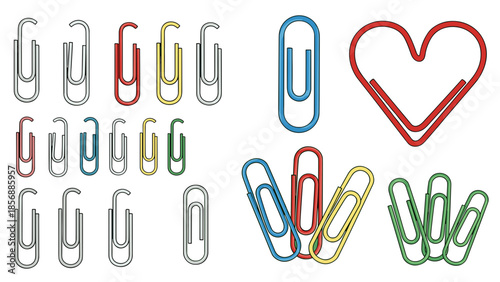 Paper Clips Assortment, Colorful Metallic Clip Collection for Office, Heart Shaped, Realistic Flat Vector Illustration isolated on transparent background