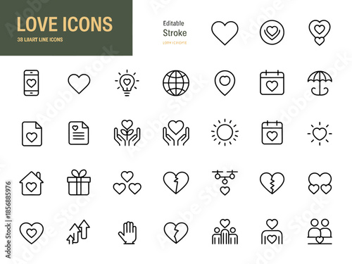 A collection of love-themed icons representing various aspects of affection, relationships, and care.