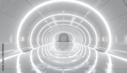 Futuristic Tunnel with Neon Lights and Reflections.
