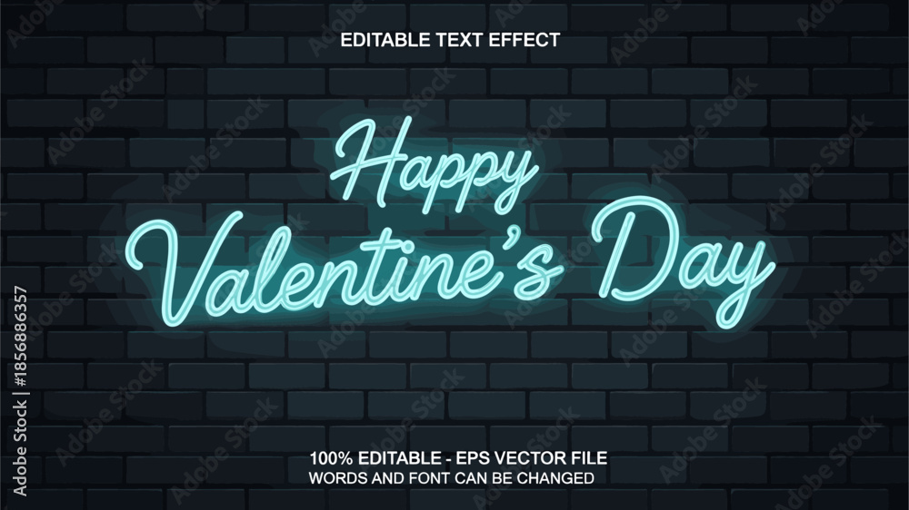 Obraz premium Happy Valentine's Day neon sign text effect with glowing blue script lettering on a dark black brick wall background.