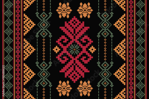 Pixel ethnic pattern. Traditional Ukrainian Cross-Stitch Embroidery. Ethnic oriental Pixel pattern background. Abstract,vector,illustration. Texture,clothing,frame,decoration,rug wallpaper, carpet,