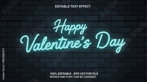 Happy Valentine's Day neon sign text effect with glowing blue script lettering on a dark black brick wall background.
