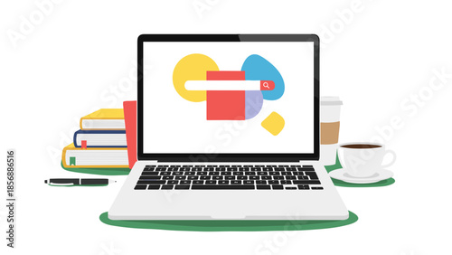 Online Learning Vector: Laptop Search, Book Stack, Coffee Break – Study, Education & Digital Lifestyle Concept, Flat Vector isolated on transparent background.