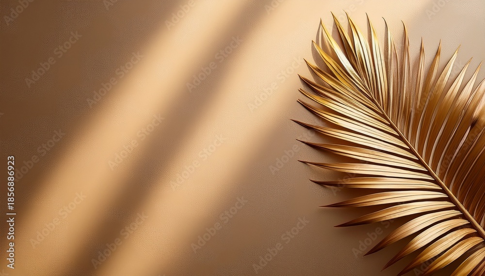 Fototapeta premium A Golden Toned Palm Leaf Casts A Shadow On A Textured Neutral Colored Backdrop