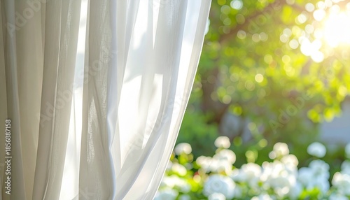 White Curtain Open to Beautiful Garden Scene.