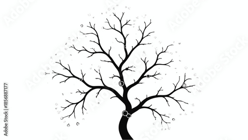 Bare tree silhouette with falling leaves on white background, symbolizing autumn or winter season change, nature and minimalism concept