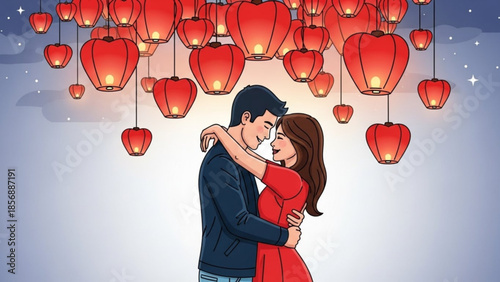 Loving couple embracing under romantic red lanterns at night