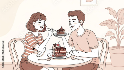 Happy young couple enjoying chocolate cake together at a cozy restaurant table with plant
