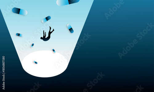 Abstract illustration of falling human silhouette surrounded by pills. Concept of depression, mental crisis, medication dependence, emotional breakdown and psychological struggle.