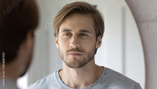 Young man looking at his reflection in a mirror in a bathroom during the day, focused on his thoughts and feelings about himself