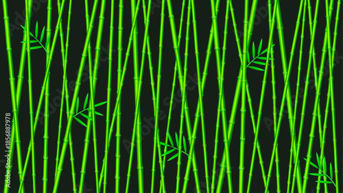 A vibrant vector forest of bright green bamboo stalks creates a striking natural pattern against a deep black background evoking Asian tranquility.