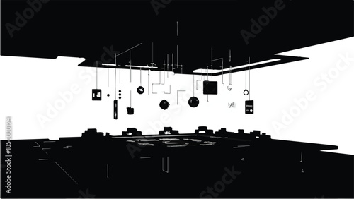 Modern minimalist interior design with hanging geometric shapes and sleek furniture in black and white studio setting