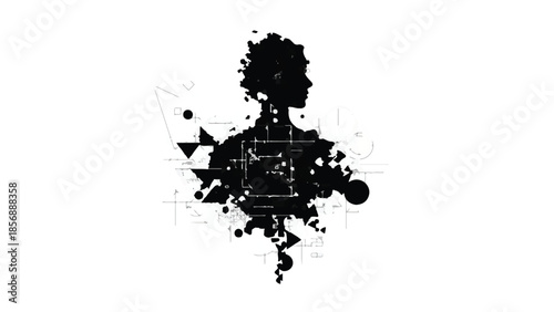 Abstract silhouette of young adult person made of geometric shapes and particles on white background, modern digital art concept