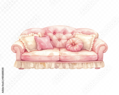 Romantic tufted sofa with soft pink upholstery and plush cushions, elegant classic furniture piece with cozy charm and feminine pastel interior aesthetic. Vector illustration
