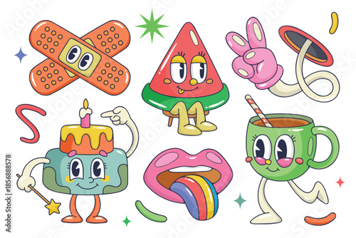 Collection of colorful cartoon characters featuring anthropomorphic objects with cute expressions.