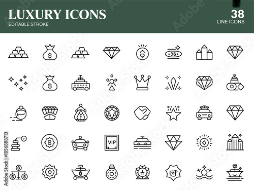 A collection of line icons representing luxury and wealth, including diamonds, gold bars, and money bags.
